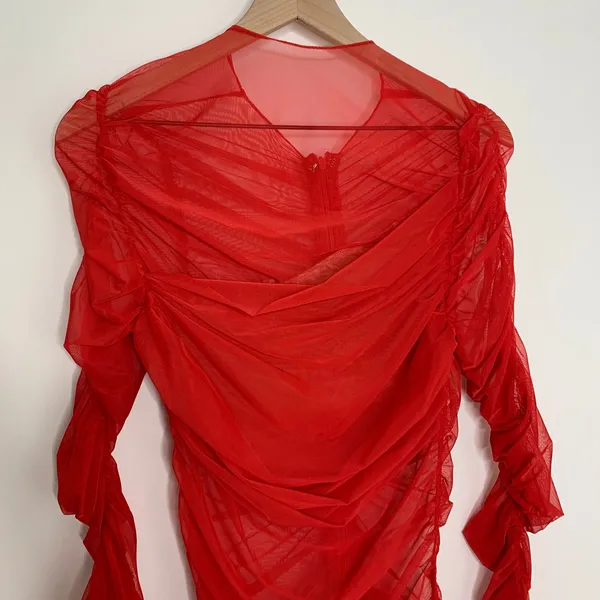Miss Circle Jimena Red Ruched Mesh Long Sleeve Dress Womens New Medium - Image 9