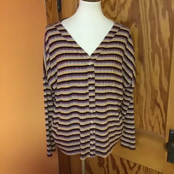 BKE Buckle Striped Button Front Top Womens Small Boho Ribbed Long Sleeve Shirt - Image 5