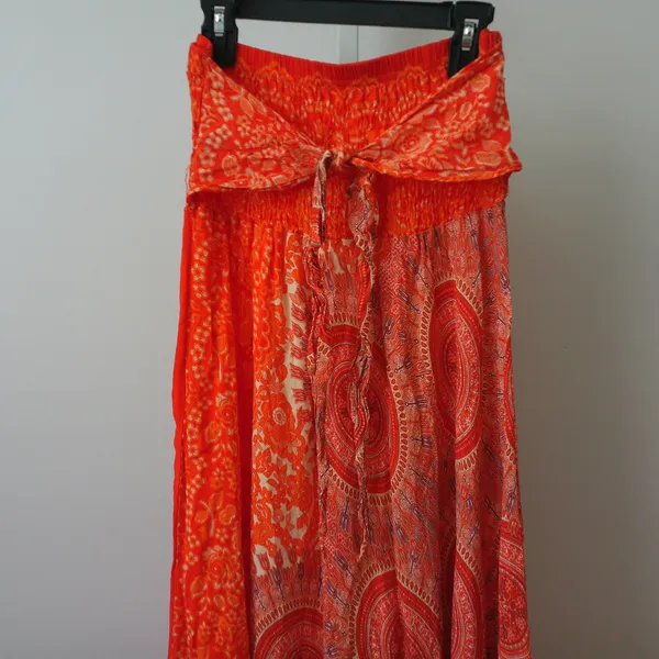 Boho Cotton Beachy Relaxed Shabby Lagenlook Smocked Maxi Skirt OS Orange - Image 2