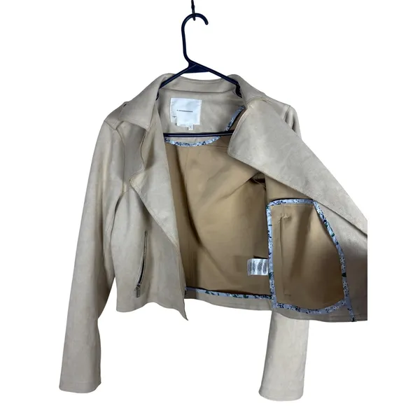 Anthropologie Faux Suede Moto Jacket Beige Cropped Open Front Floral Trim Small - Image 4