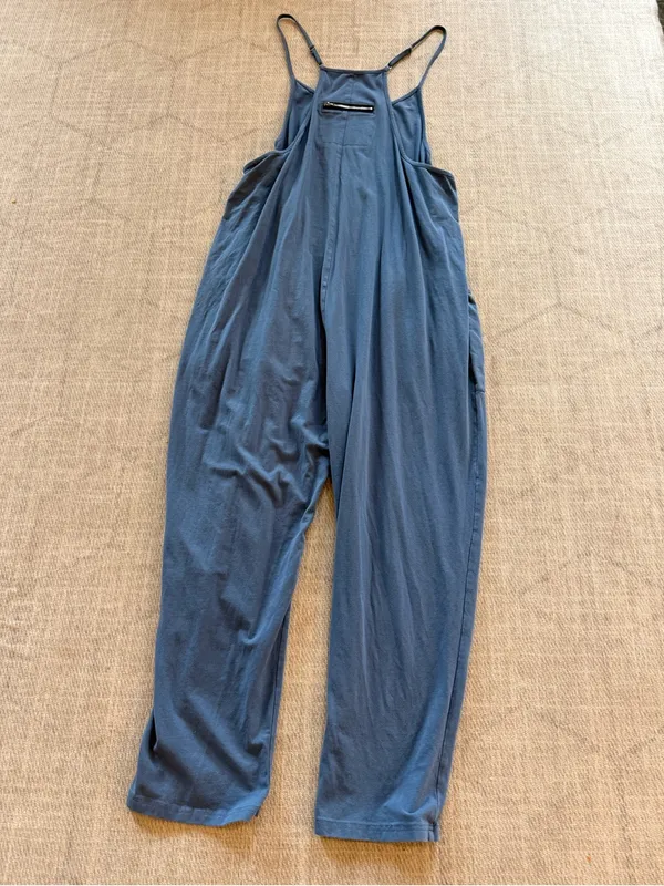 Blue Cotton Stretch Overall Jumpsuit Wide Leg Pocket Romper Large - Image 2