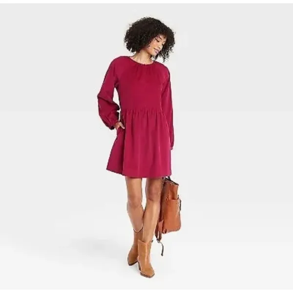 Universal Thread Burgundy Corduroy Long Sleeve Babydoll Mini Dress XL‎ Pockets - Image 2