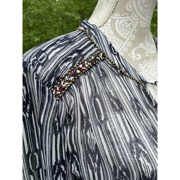 Charter Club Sheer Beaded Tassel Tunic Top XL Coastal Cowgirl Boho Navy White - Image 16