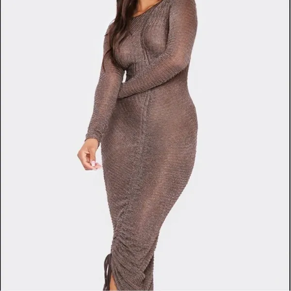 PrettyLittleThing NWT 59O Chocolate Textured Ruched Long‎ Sleeve Midi Dress Sz 4 - Image 3