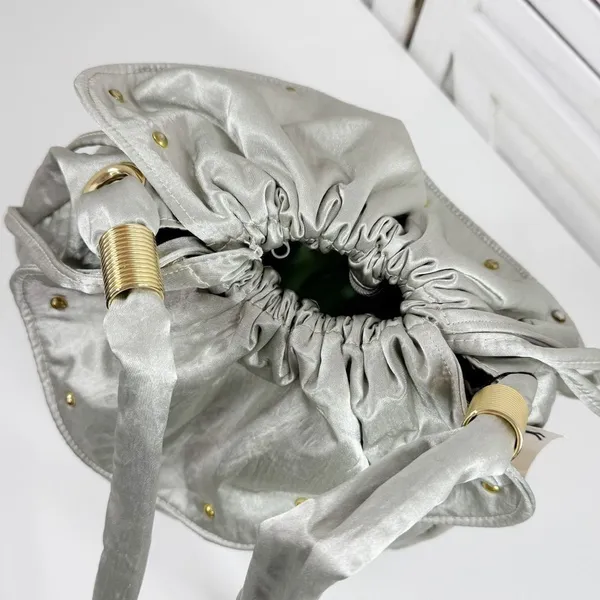 Lily Y2K Satin Studded Drawstring Hobo Pouch Bag‎ Sage Green Silver Gold - Image 6
