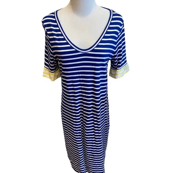 Boden Blue White Striped Vneck Mini Dress Yellow Ruffle Sleeve 8 8L Tall Coastal - Image 2