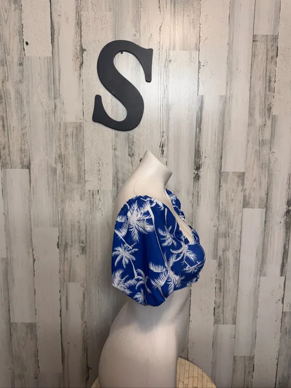 SHEIN Tropical Palm Print Puff Sleeve Bikini Top Womens Small Blue White Underwire - Image 3