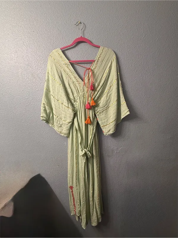 Embroidered V-Neck Maxi Dress in Light Green with Orange Accents - Image 4