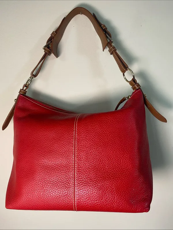 Dooney & Bourke Red Pebbled Mary Leather Shoulder Bag with Tan Strap - Image 4