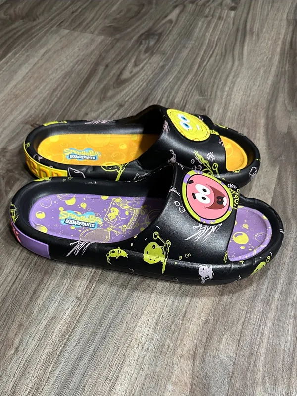 Ground up SpongeBob & Patrick Black Slide Sandals - Fun Yellow & Purple Insole. - Image 4