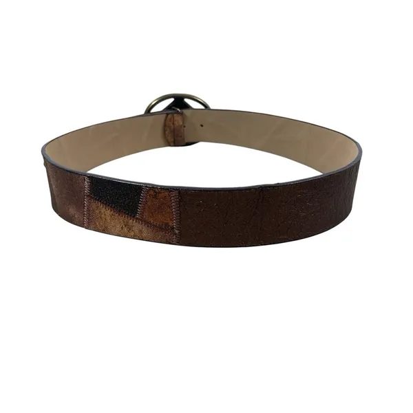 Y2K Chico’s Brown Patchwork Wide Belt M Rhinestone Geometric Buckle Boho Western - Image 2