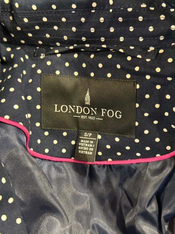 London Fog Navy and White Polka Dot Trench Coat - Image 4