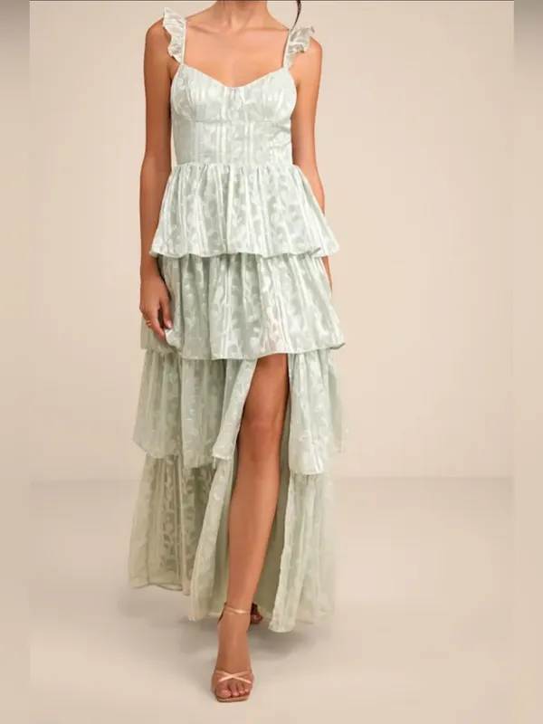Lulus Stunning Glory Sage Green Floral Jacquard Tiered Maxi Dress - Size S - Image 2