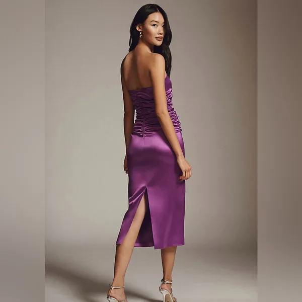BHLDN Selena Strapless Stretch Satin Slip Ruched Midi‎ Dress Purple Size Medium - Image 4