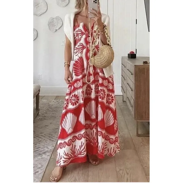 Calypso‎ St Barth Maxi Dress Red White Linen Blend Shells Boho Resort Size XS - Image 3