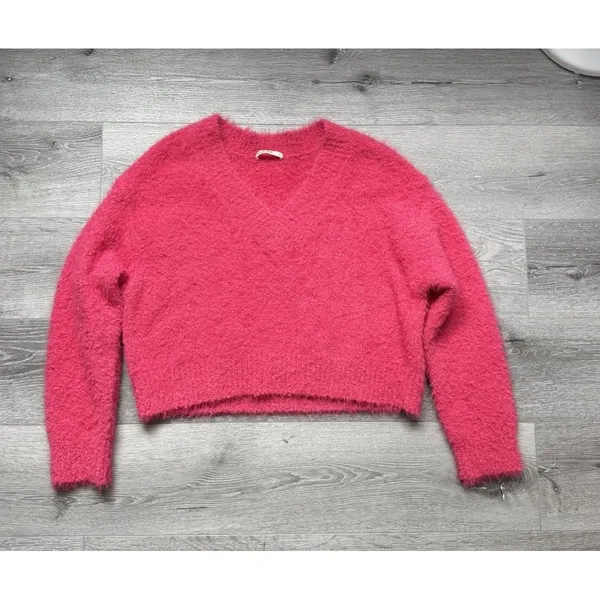 Marine Layer Teddy Eyelash Sweater Womens S Pink Fuzzy Wool Blend Cropped - Image 2