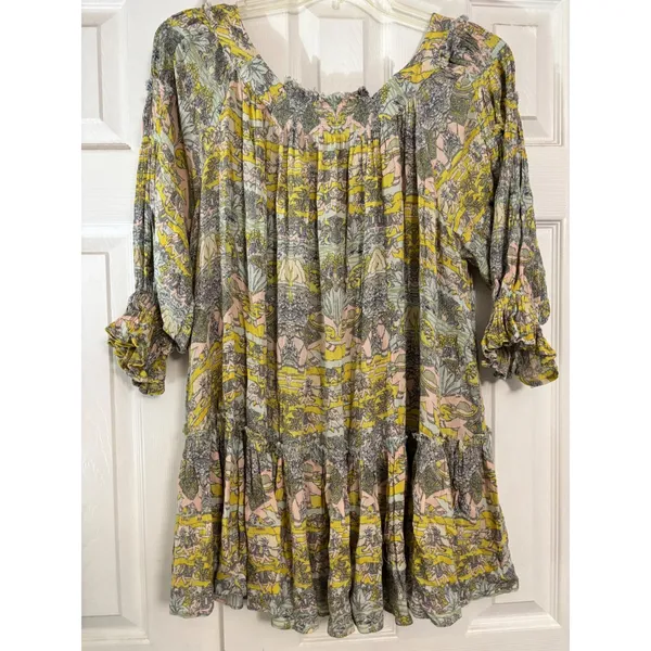 Free People Elephant Print Smocked Mini Dress Tunic Yellow Pink XS Boho Chic - Image 5