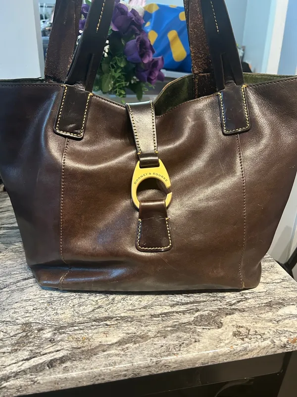 Dooney & Bourke Dark Brown Leather Tote with Gold Ring Hardware - Image 3