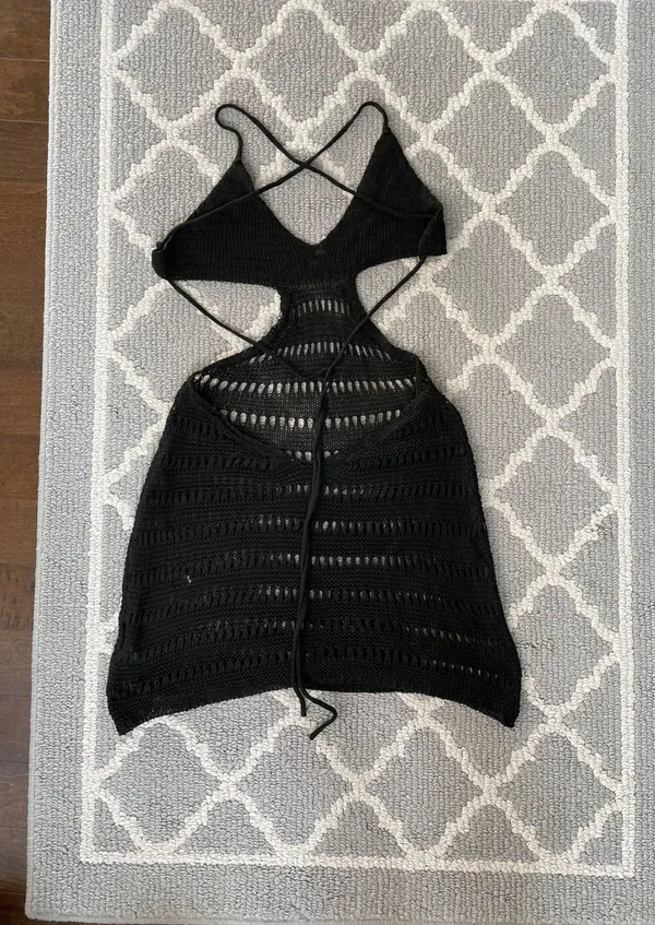 SheIn Crochet Backless Cutout Black Coverup Mini Dress - Image 8