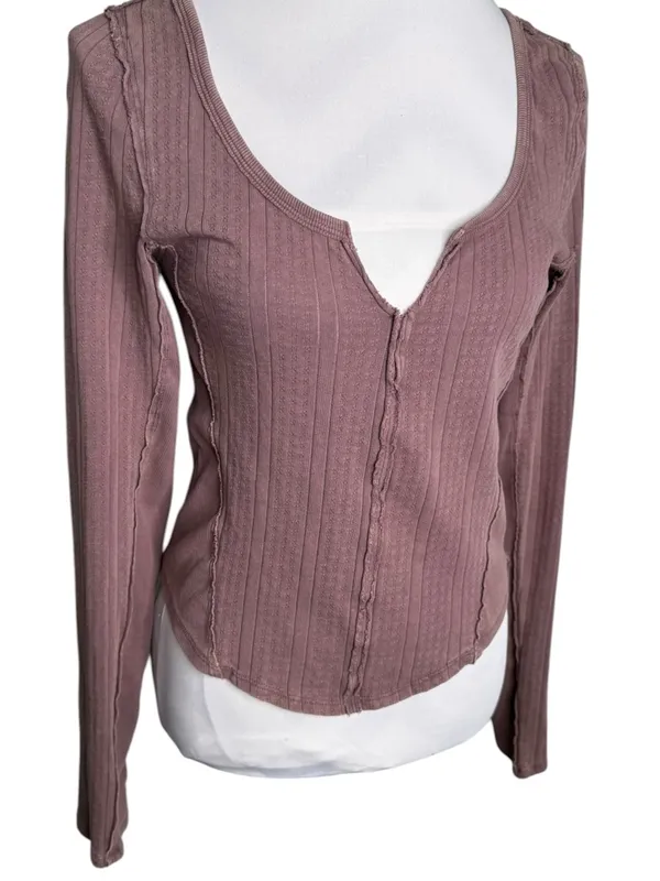 Free People We The Free Jamie Ribbed Henley Top Long Sleeve Mink Purple LARGE - Image 3