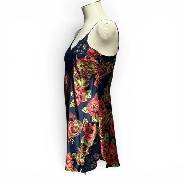 Victoria's Secret Vintage 80s Satin Lace Nightgown Mini Slip Dress Blue Red Med - Image 3