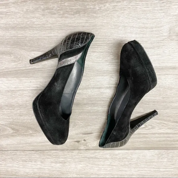 Gunmetal Black Suede Leather Platform Stiletto Pumps Italy 37 - Image 2
