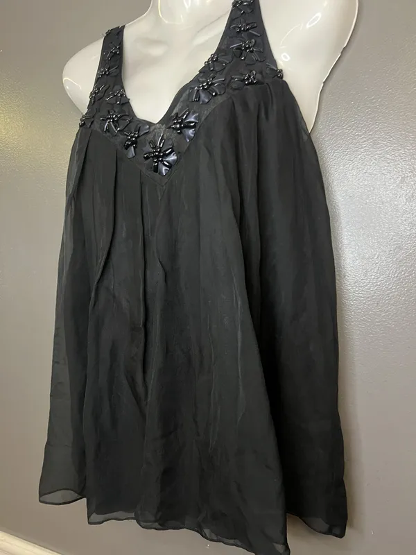 Rebecca Taylor Shirt Womens 6 Black Silk Beaded Embellished Flowy Tank Top - Image 4