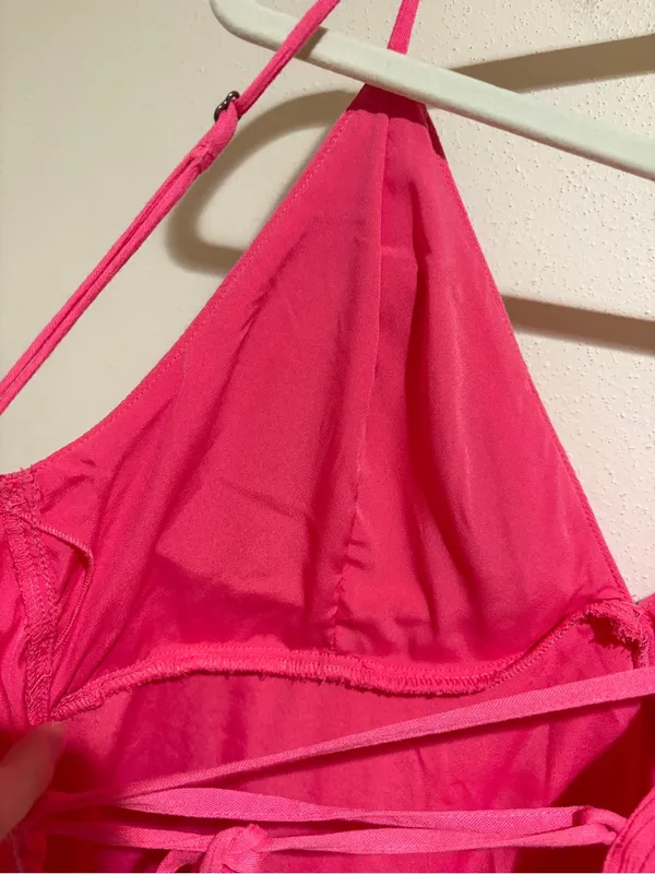 Hollister V-Neck Ruffle Tiered Mini Dress Lace Up Corset Back Hot Pink Medium - Image 11