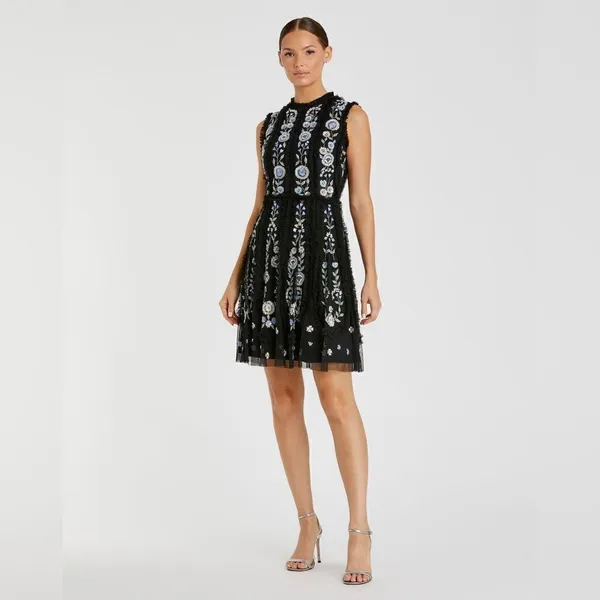 Mac Duggal 9135 Womens Black Sleeveless High Neck Embroidered Mini Dress - Image 3