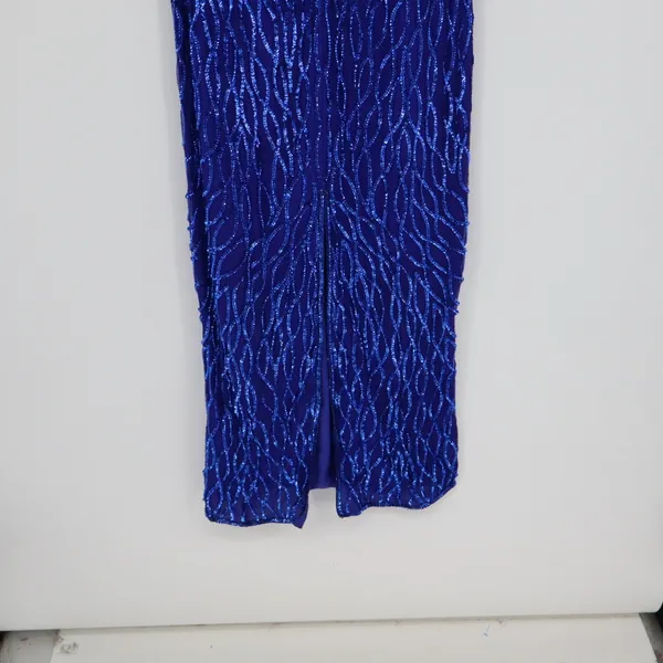 Vintage Silk Sequin Evening Gown Maxi Dress Lined Blue Elegant Zipper M/L 19"P2P - Image 11
