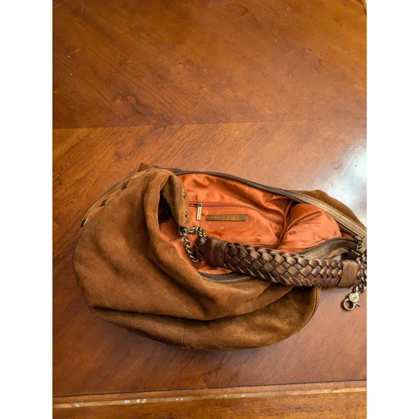 Donald Pliner Camel Suede/Metallic Cresent Studded Trim Hobo Purse - Image 14