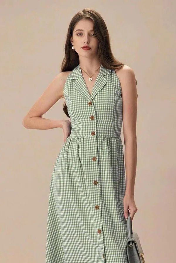 RIHOAS The Green Lapel Plaid Sleeveless Shirt Midi Dress M - Image 4