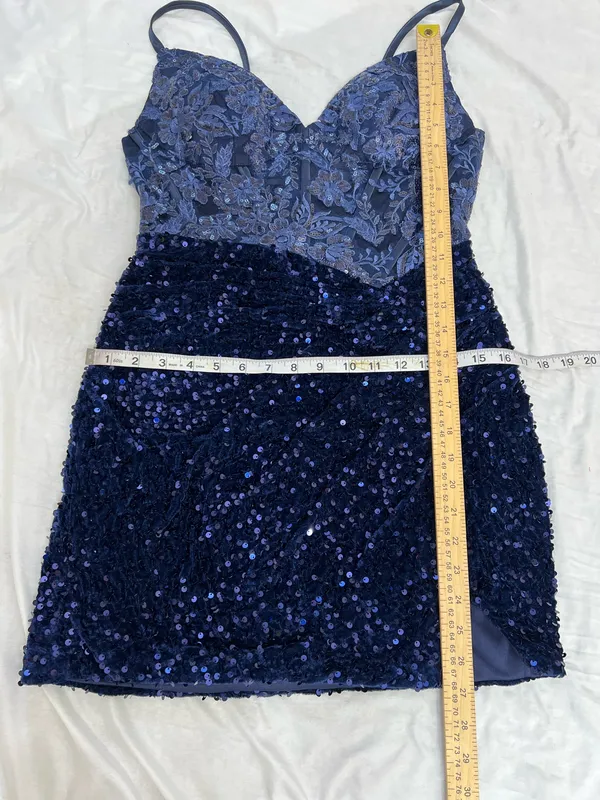 Navy Lace & Sequin Mini Dress with Spaghetti Straps size 12 - Image 7