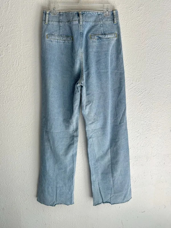 ZARA High Rise Sailor Button Wide Leg Jeans Raw Hem Light Wash US 6 - Image 6