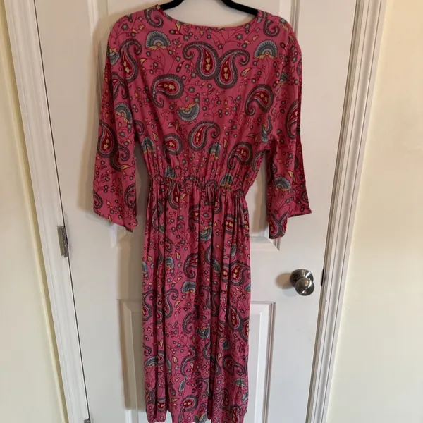 Sacred Threads Cotton Paisley Pink Women's Empire Waist Flair Sleeve Dress S Med - Image 5