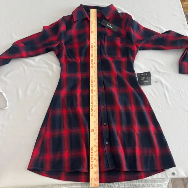 Lulus Red Navy Blue Plaid Cutout Back Mini Shirt‎ Dress NWT Medium - Image 8