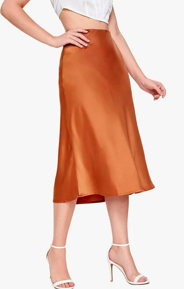 Satin Midi Skirt Brown Size XS - Image 2