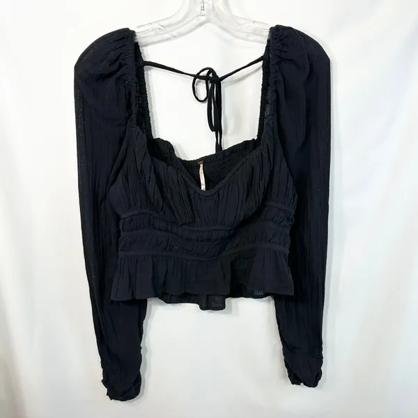 Free People Medium Top Chloe Long Sleeve‎ Smocked Black Regency Romantic 1296 - Image 5