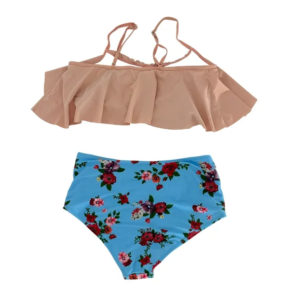 Two Piece Bikini Set‎ Womens Large Blue Pink Floral Ruffle High Waist Beach - Image 4