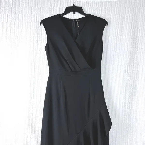 Black Sleeveless Wrap Midi‎ Dress Ruffle Hem Size L Feminine Party Formal Chic - Image 2