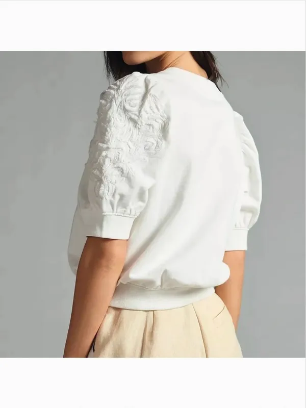 By Anthropologie Embroidered Puff Sleeve Sweatshirt in Ivory - Image 4