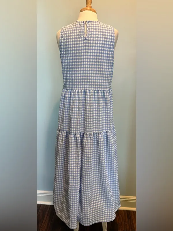 En Saison Blue/White Gingham Check Seersucker Tiered Maxi Dress size Large - Image 6