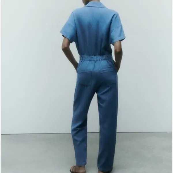 Zara Women’s Blue Denim Cotton‎ Linen Blend Jumpsuit Size Medium - Image 9
