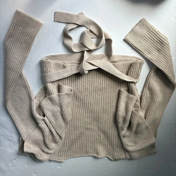FORE Wrap long sleeve ruffle ribbed knit Sweater Tan Size M - Image 3