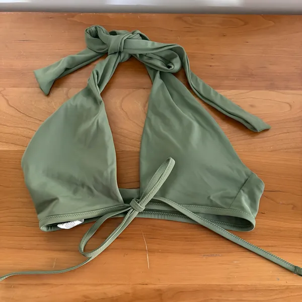 Aerie Olive Green Ribbed Bikini Set Scoop Halter Top L Bottoms M Cheekier 2pc - Image 5
