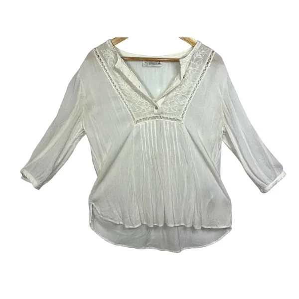 Abercrombie & Fitch Cream Ivory Floral Embroidered Boho Peasant Blouse Top Sz M - Image 2