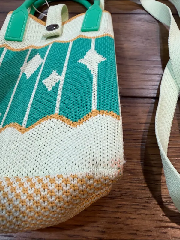 Mini Crossbody Phone Bag in Teal and Cream with Orange Trim - Image 6