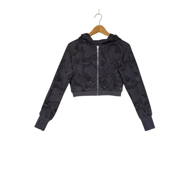 Buff Bunny Collection Cropped Zip Up Hoodie Charcoal Leaf Print Athleisure‎ M - Image 4