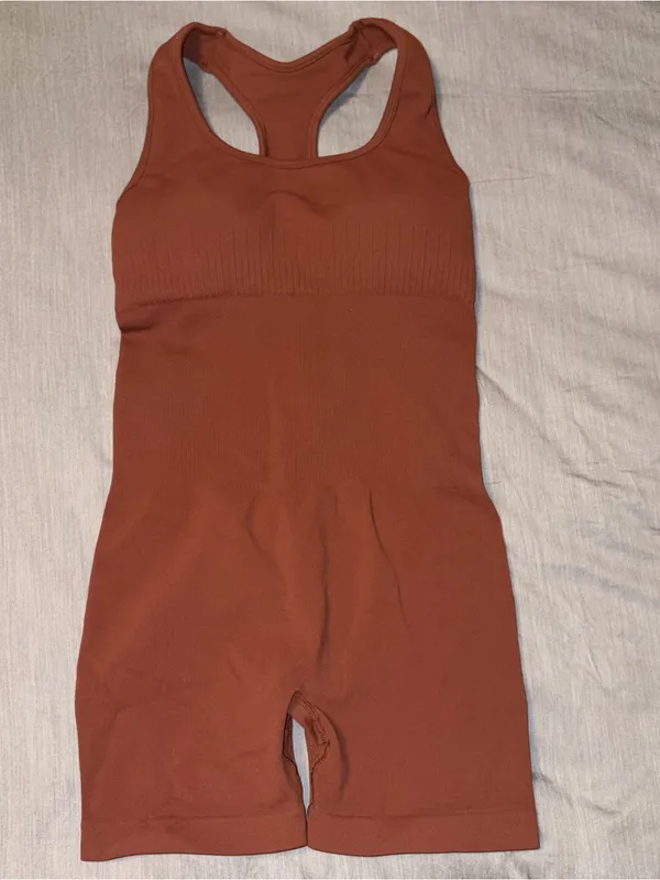 Aurola Brown Power Romper Small, Removable Padding, Racerback, Ruched Back - Image 4