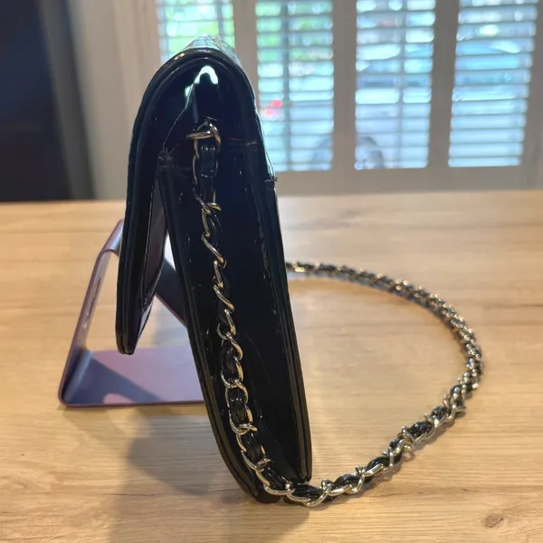 Anne Klein Black Patent Leather Evening Clutch Bag Handbag with Slip‎ Pocket - Image 7